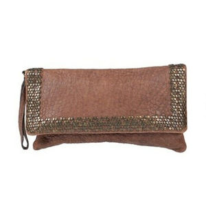 Minoronzoni Made in Italy Women Genuine LEATHER Brown Studded Clutch Bag